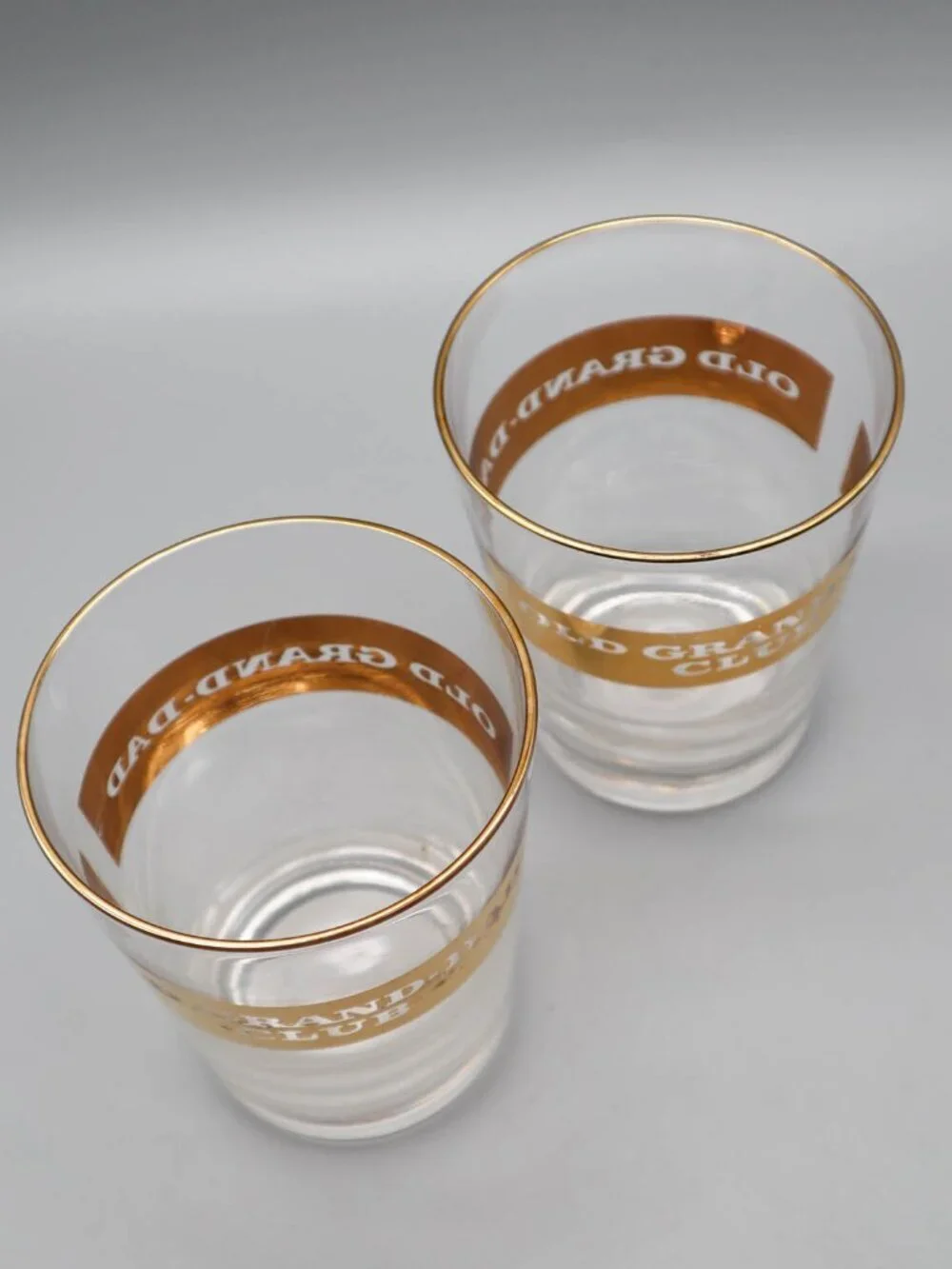 2 Vtg Old Grand-Dad Club Whiskey Rocks Tumblers Glasses Gold Gilt MCM Barware